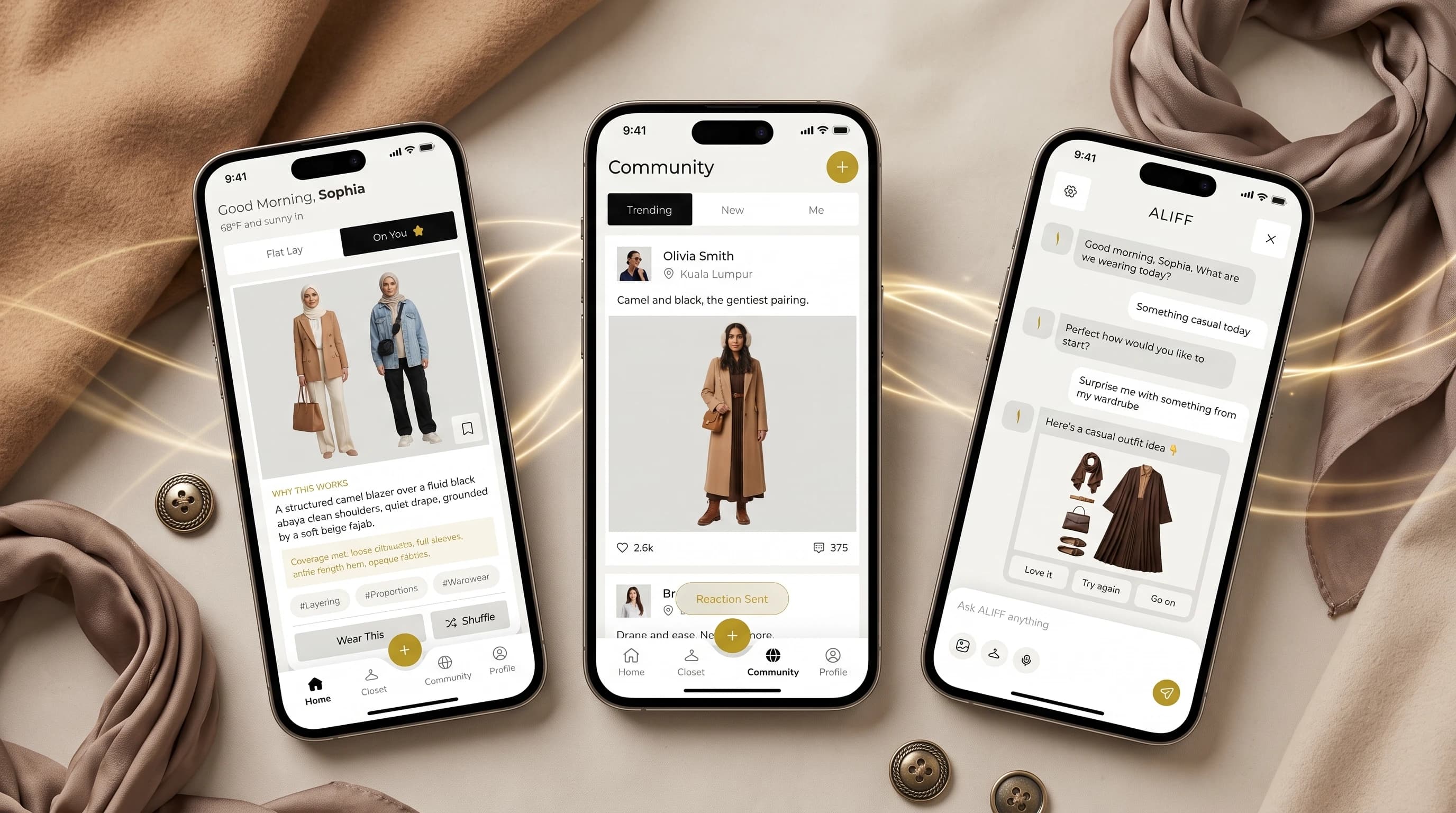 ALIFF AI fashion app — onboarding, wardrobe closet, generated outfit and AI stylist chat screens