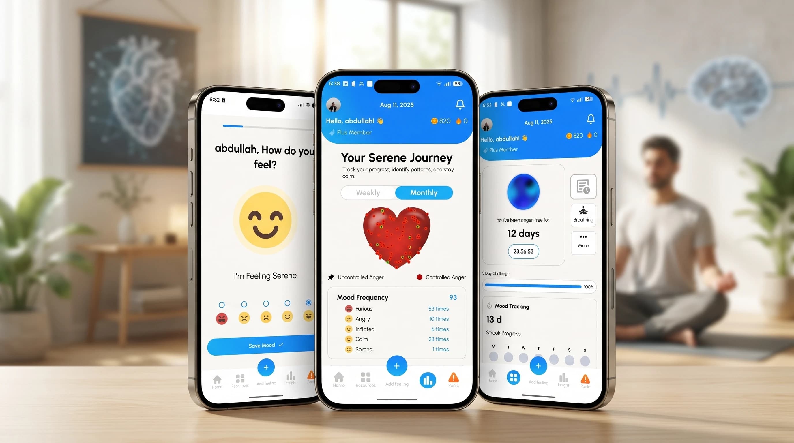 Angivore mood tracking, audio journaling and AI insight screens