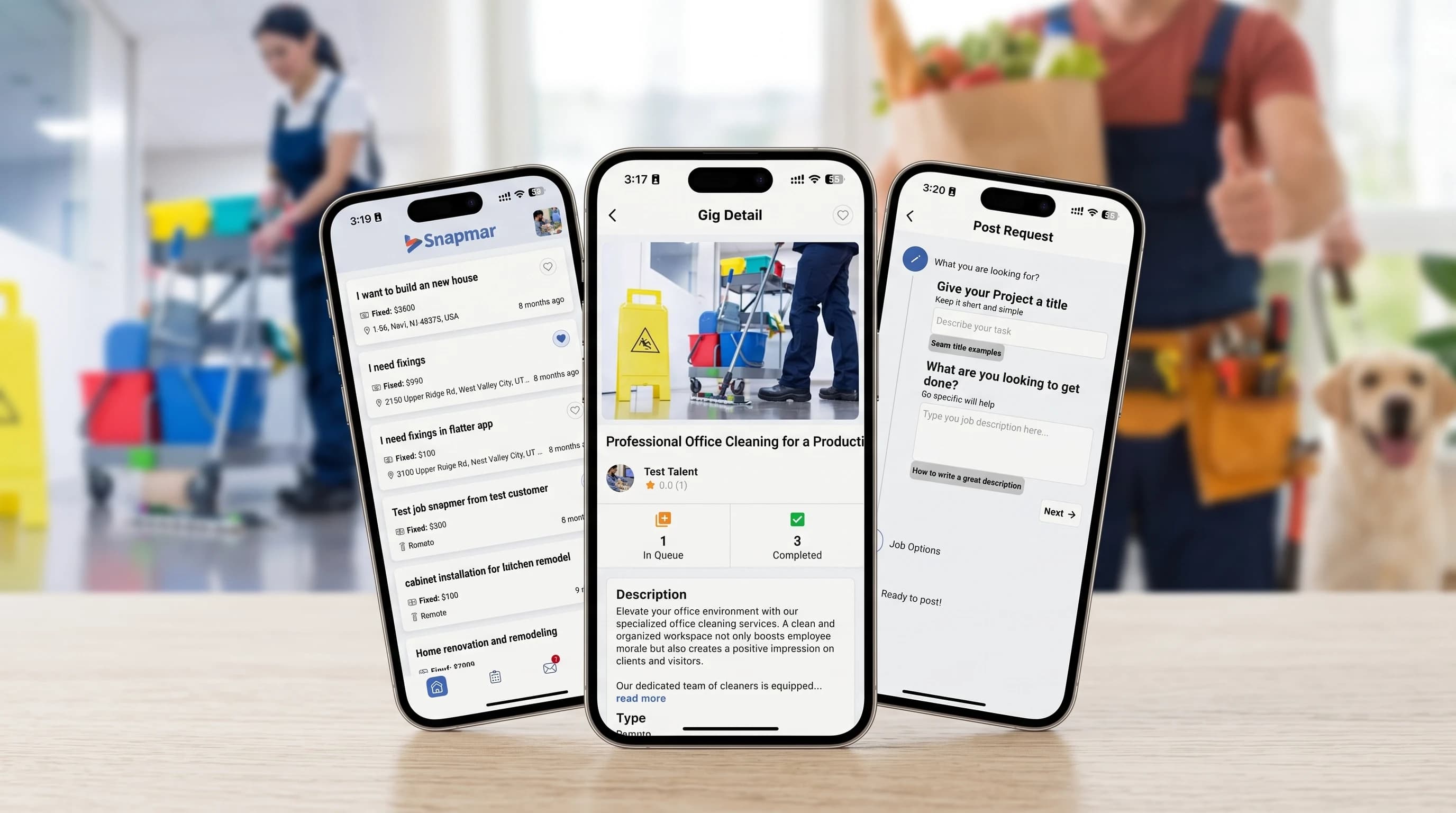 Snapmar freelancing marketplace — talent search, gig detail, offer checkout and job management screens