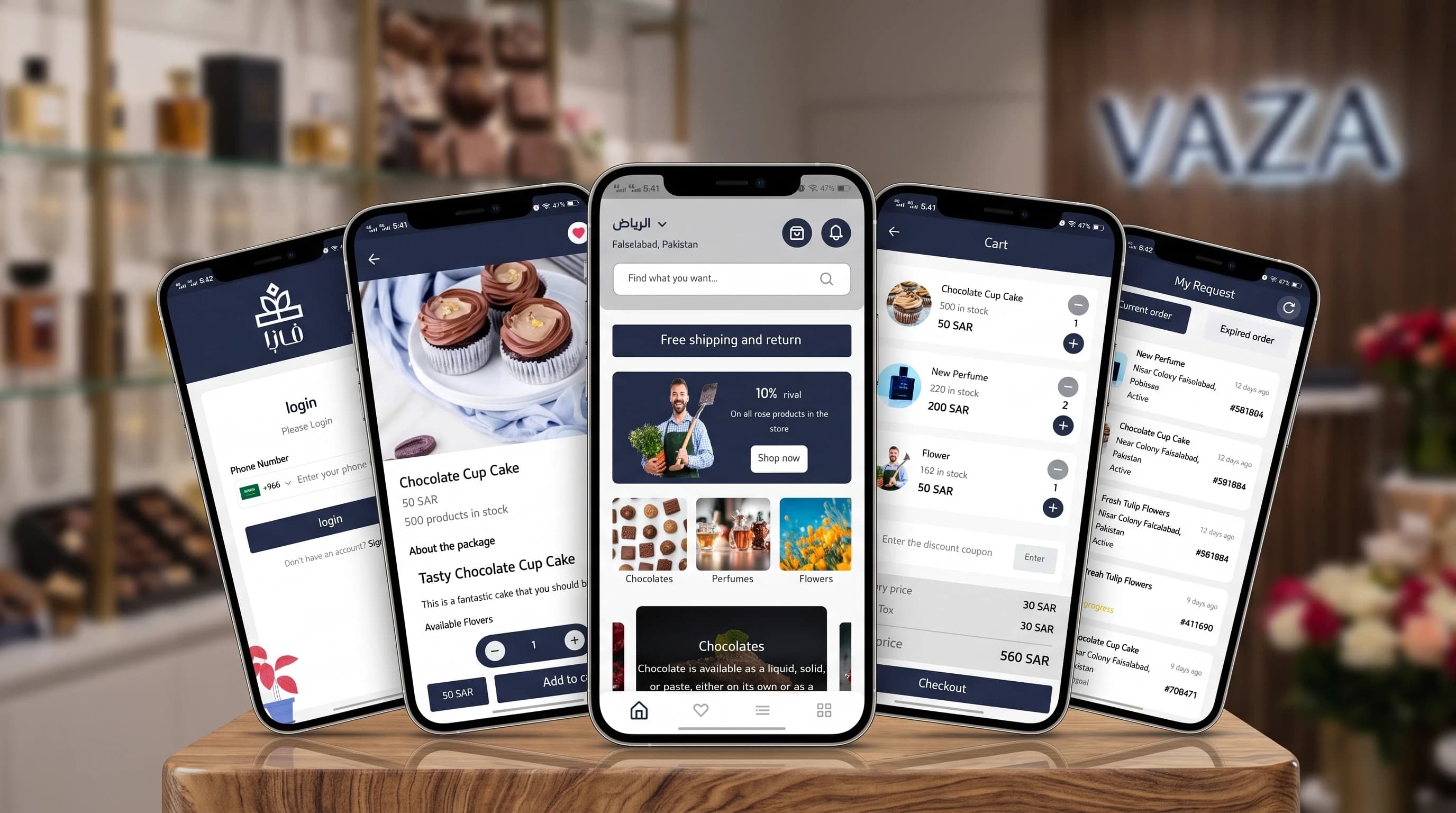 Vaza flowers and gifts app — occasion browsing, product detail and order screens