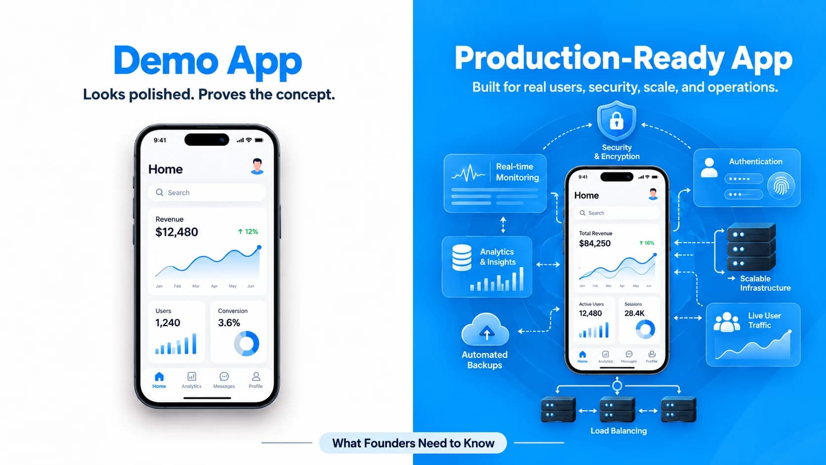 Split view showing a polished mobile app demo above the deeper engineering layers required for a production-ready application.