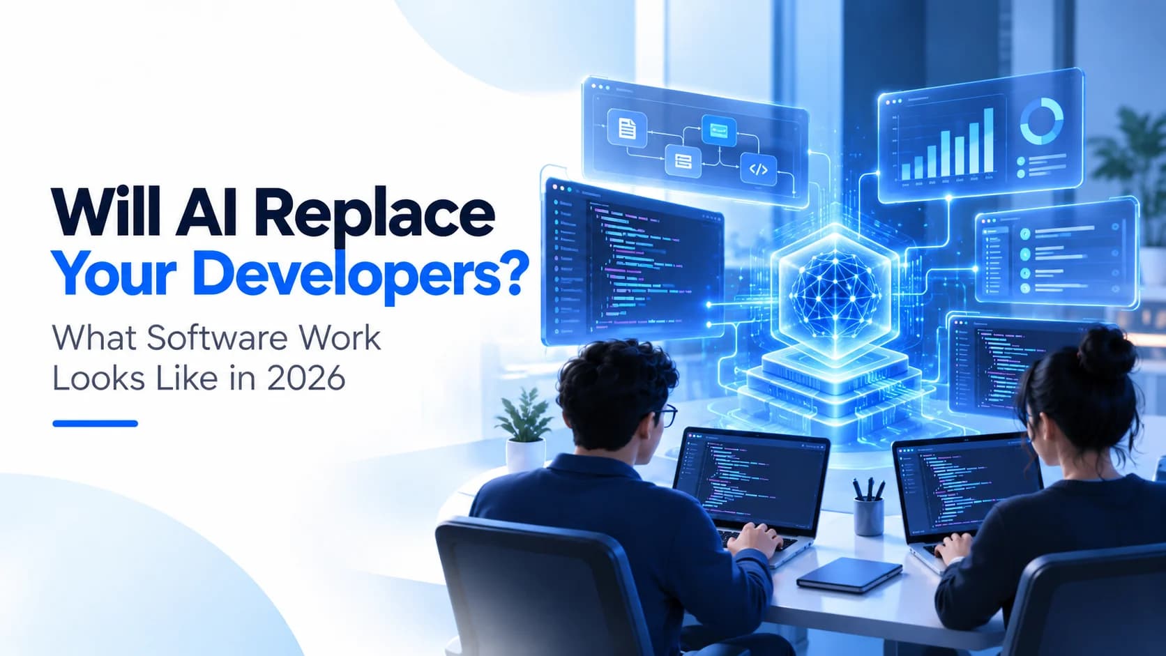Software developer reviewing AI-generated code while an AI coding agent works alongside them, representing human and AI software development in 2026.