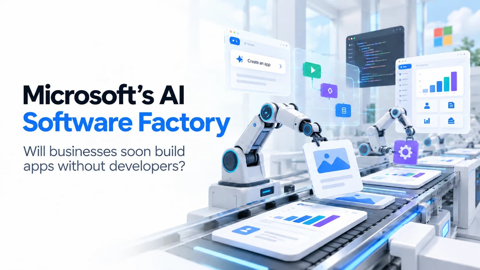 Microsoft AI Software Factory concept showing AI agents generating business applications with human engineering oversight.
