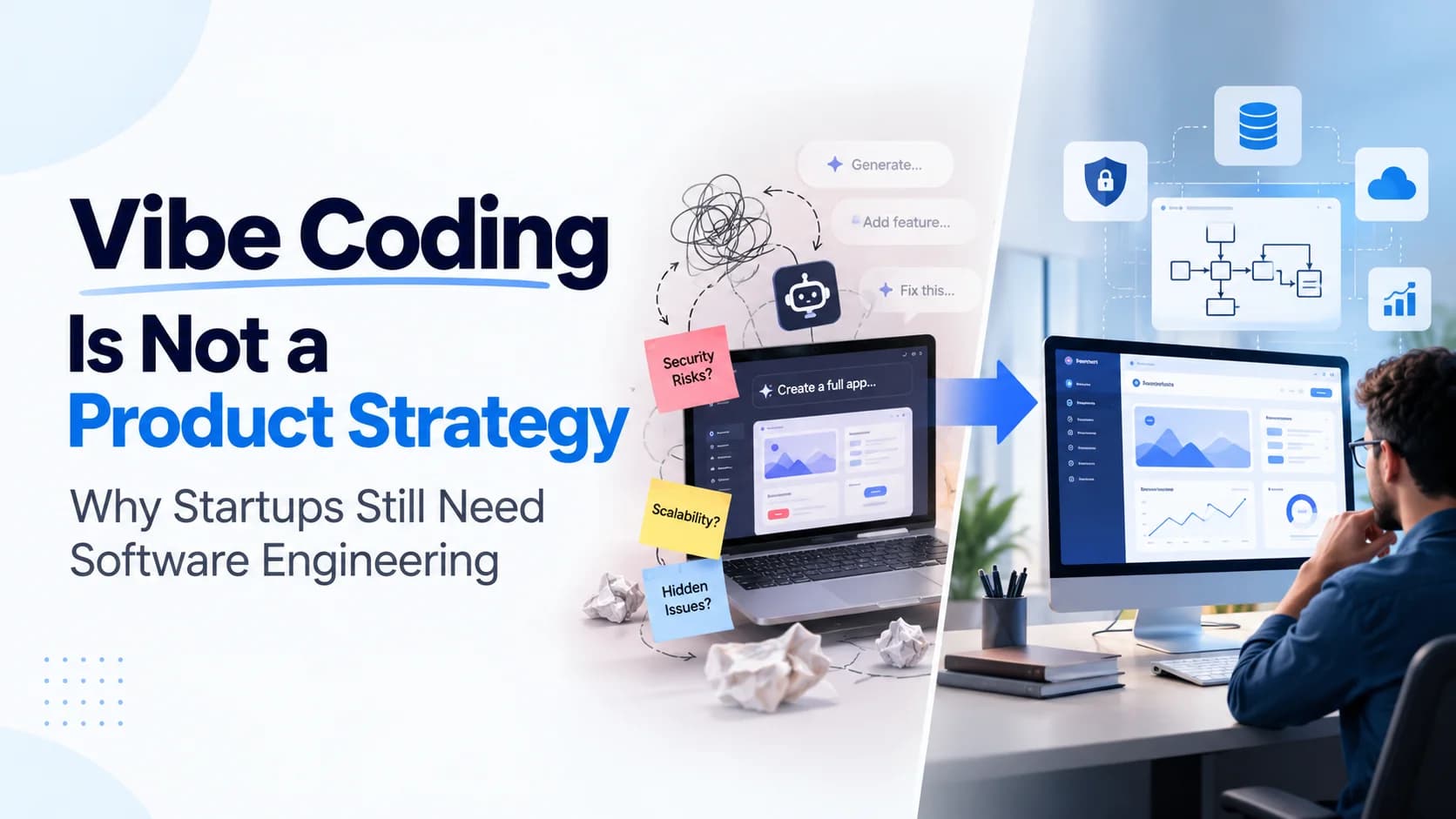 Vibe coding versus structured software engineering, comparing an AI-generated app prototype with a secure, scalable product architecture.