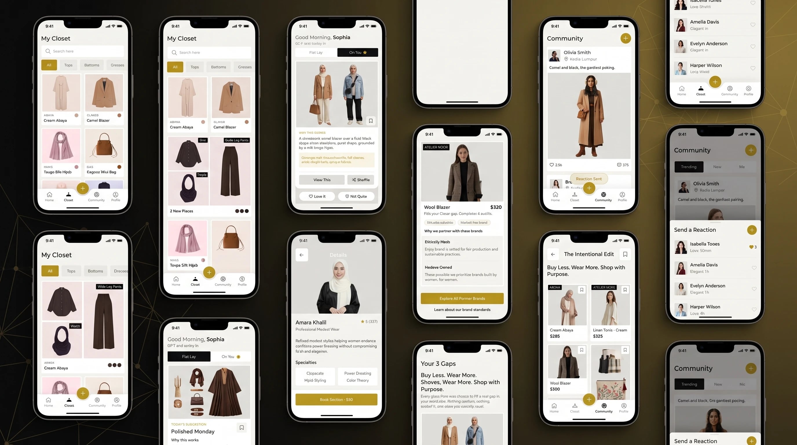 ALIFF AI modest styling app — onboarding, wardrobe closet, generated outfit and AI stylist chat screens