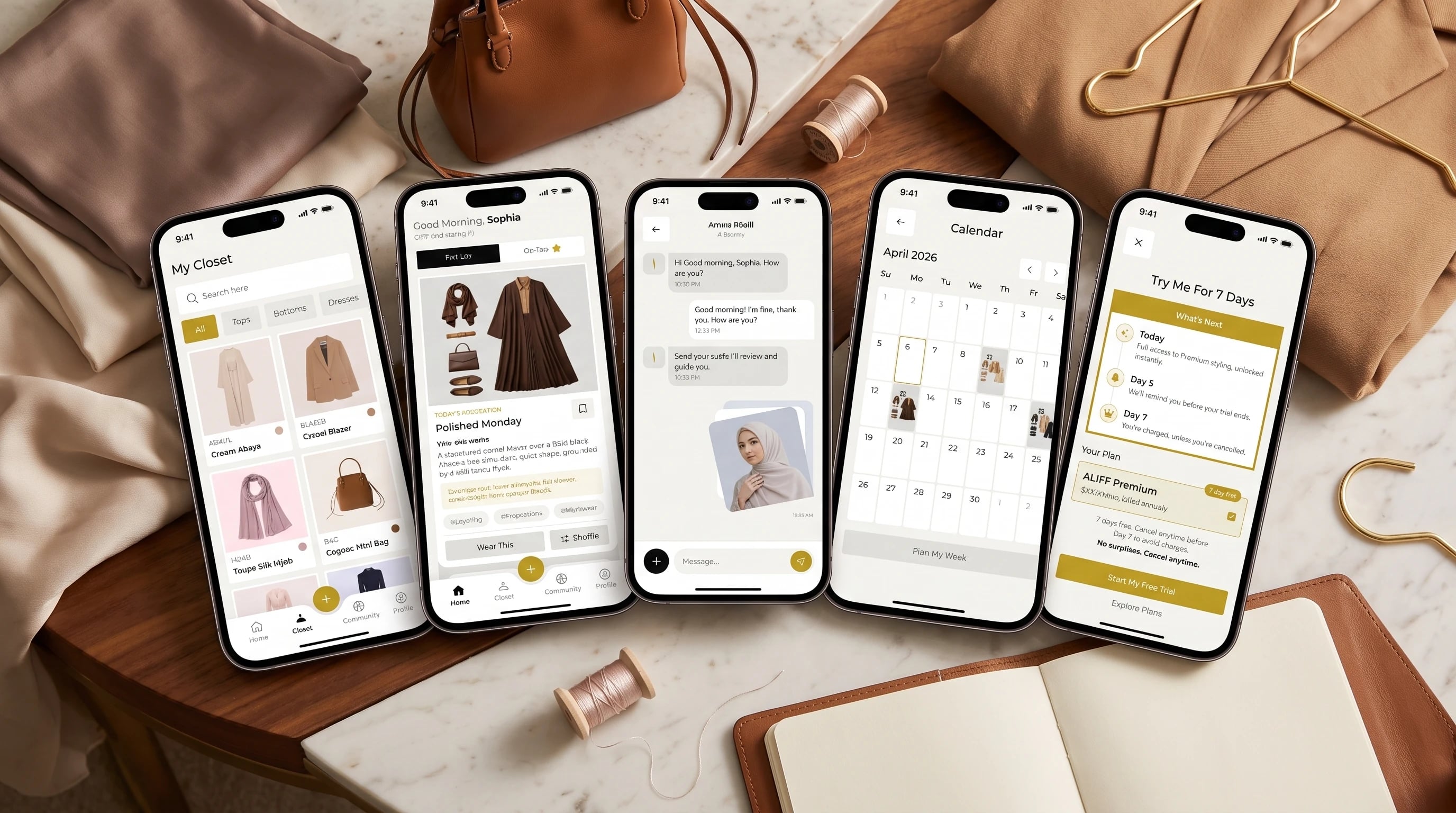 ALIFF app onboarding, wardrobe closet, generated outfit and AI stylist chat screens