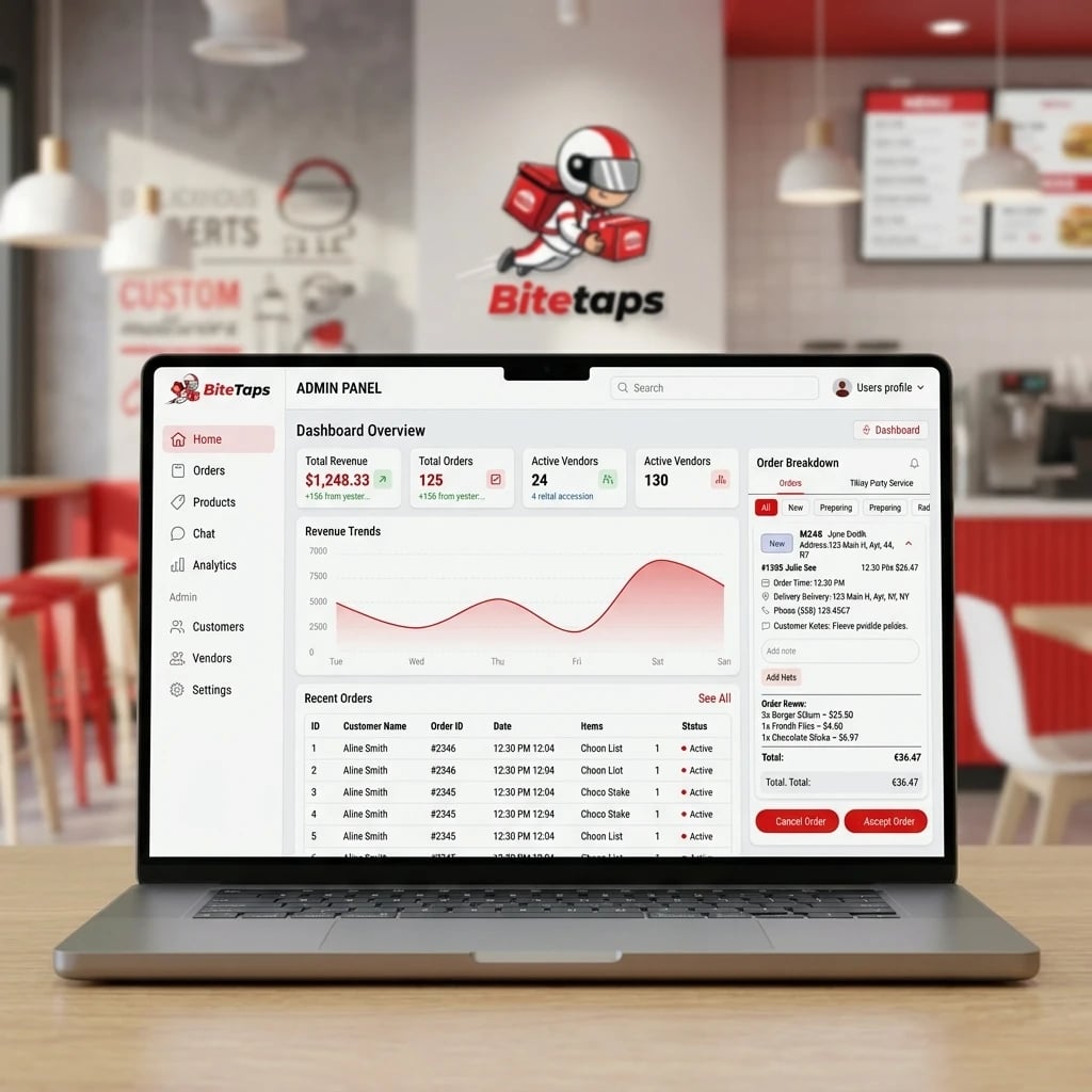 BiteTaps admin panel on a laptop, showing the order management screen