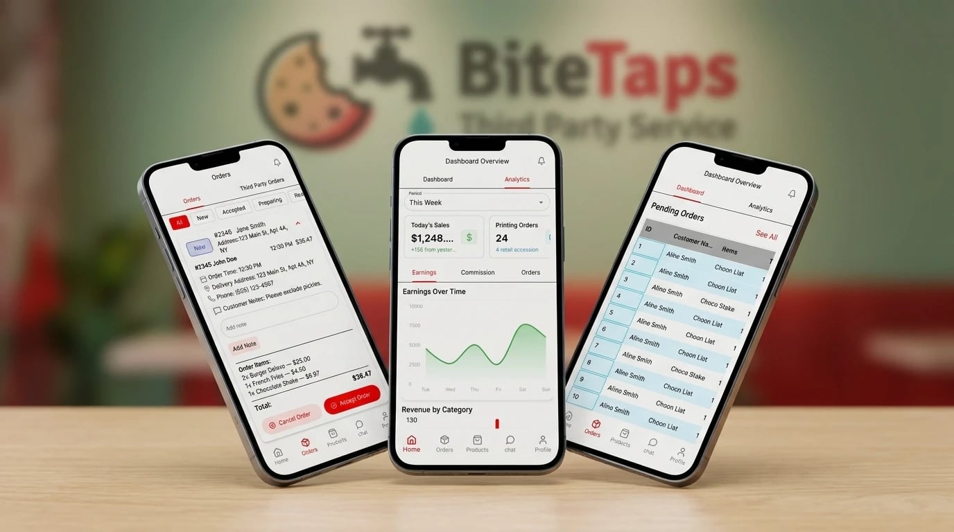BiteTaps merchant app on a phone, showing the order queue screen