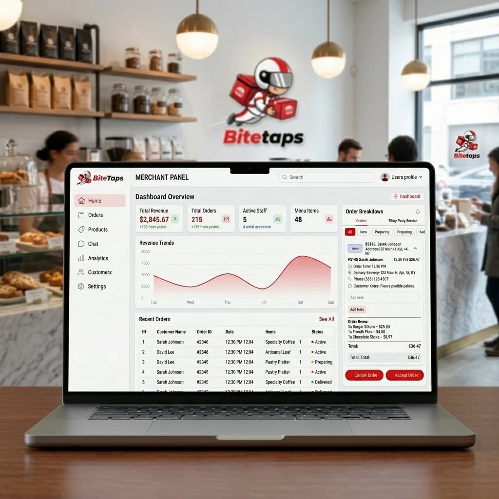 BiteTaps vendor web panel on a laptop, showing the menu management screen