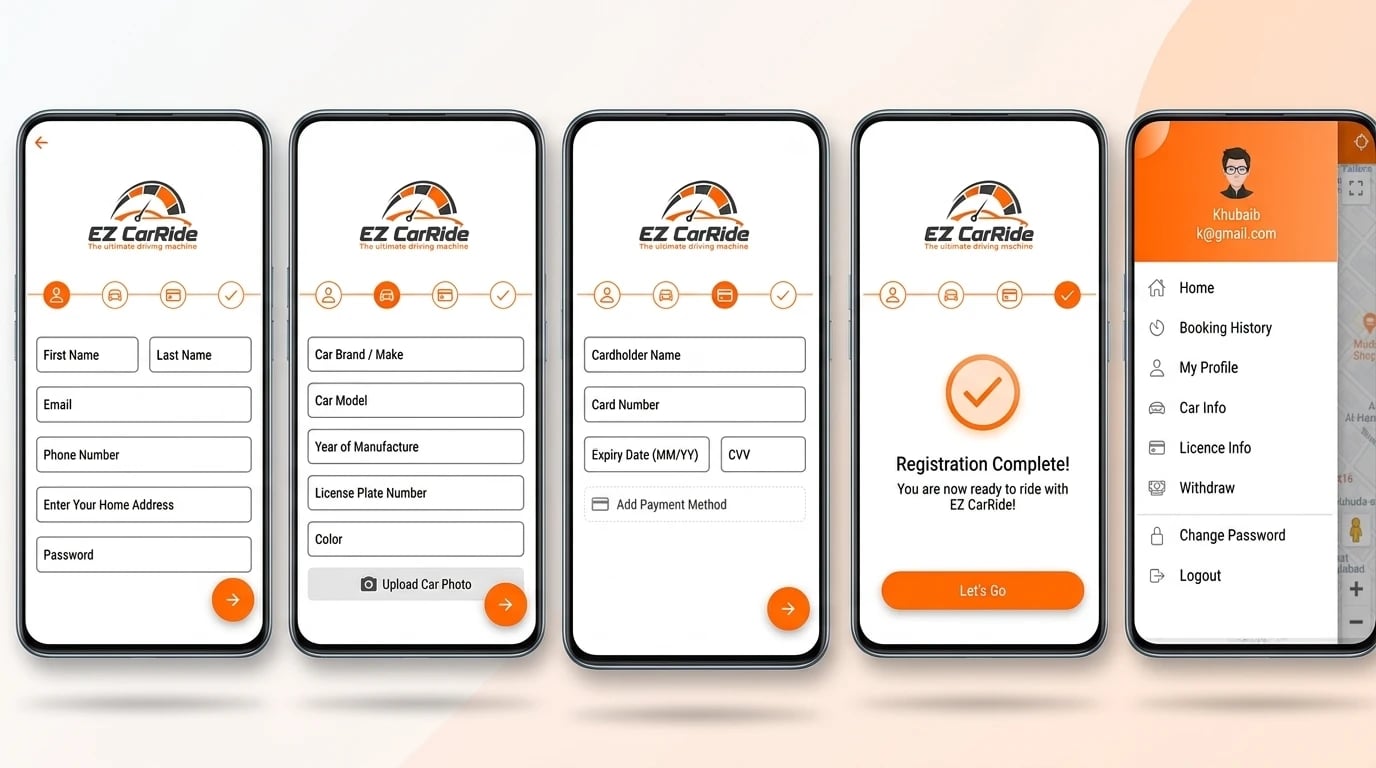 EZ CarRide driver registration on five phones — personal details, vehicle, payment method, registration complete, and the driver menu
