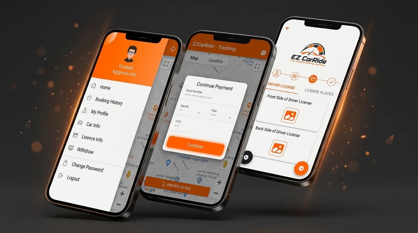 EZ CarRide on three phones — the driver menu with booking history and withdraw, live tracking with card payment, and driver licence upload