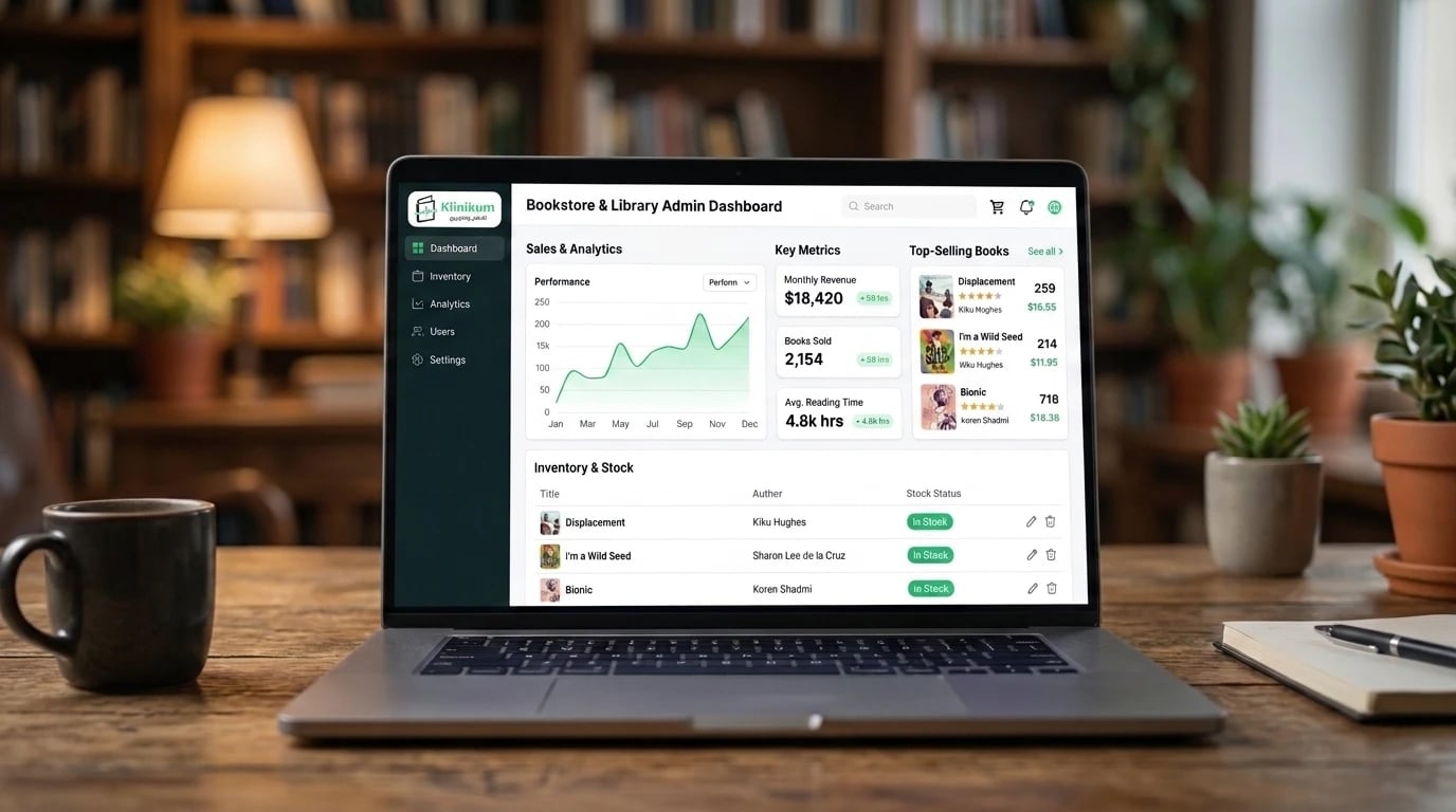 Klinikum admin dashboard on a laptop — a sales and analytics chart, monthly revenue, books sold and average reading time, top-selling books, and an inventory and stock table