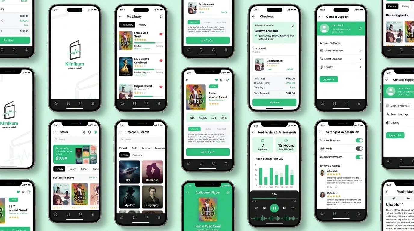 Klinikum app screens — splash, My Library with reading progress, book detail with synopsis, checkout with order summary, account settings, the Books home, Explore & Search by genre, the audiobook player, reading stats and Settings & Accessibility