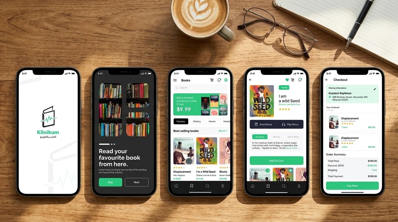Klinikum on five phones on a desk — the splash screen, onboarding, the Books home with best-selling books, a book detail with Read and Play buttons, and checkout with the order summary