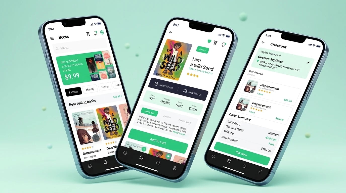 Klinikum app on three phones — the Books home with genres and best-selling books, a book detail with Read and Play buttons and a synopsis, and checkout with shipping information and the order summary
