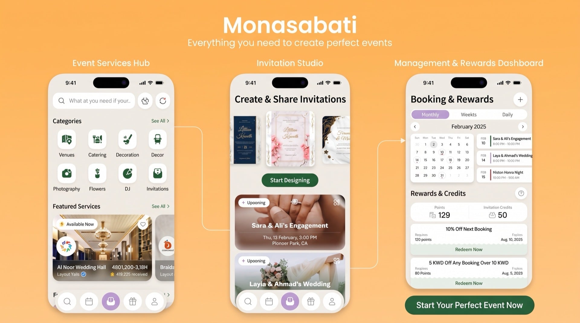 Munasbati event booking app showing vendor categories, invitation designer, and booking calendar with rewards
