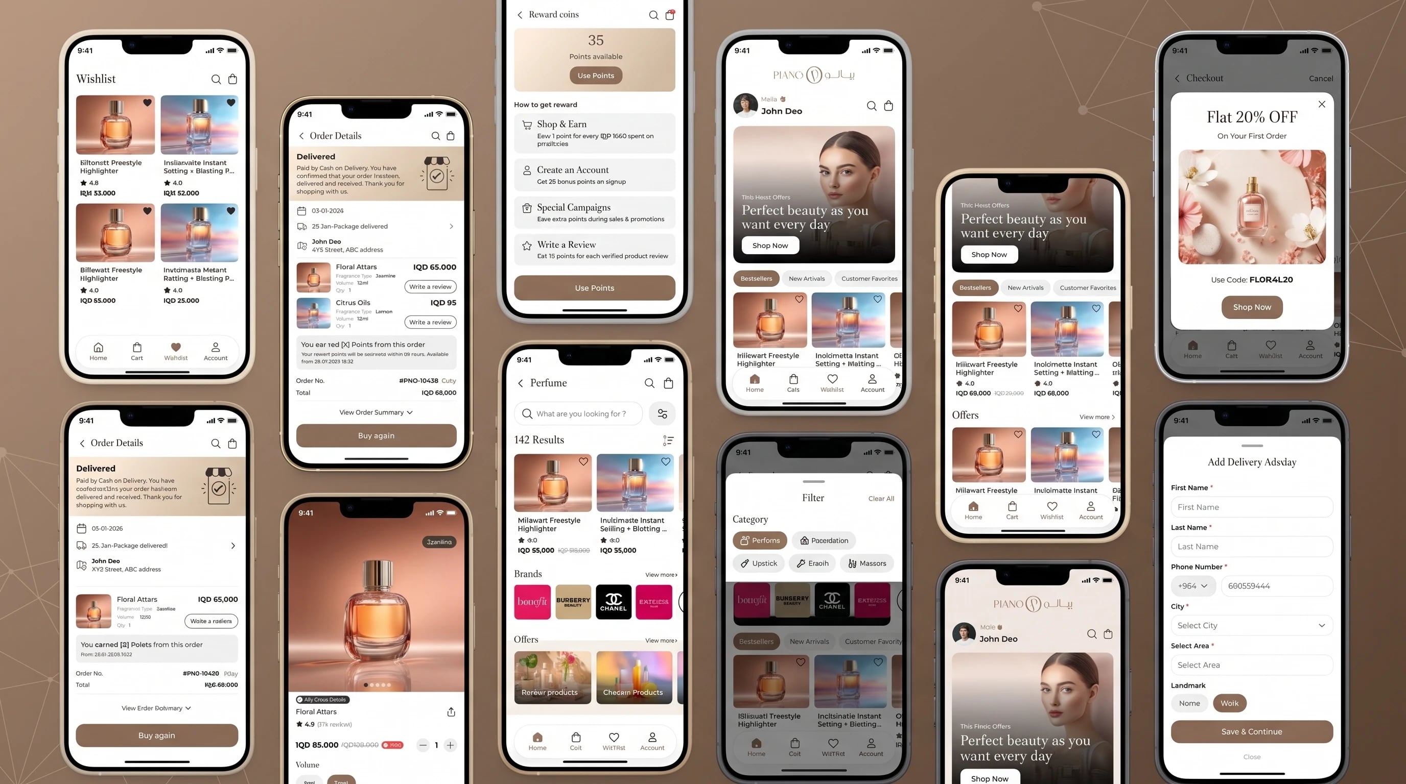 Piano cosmetic e-commerce app showing product catalog, campaign offers, and loyalty rewards for the Iraqi market