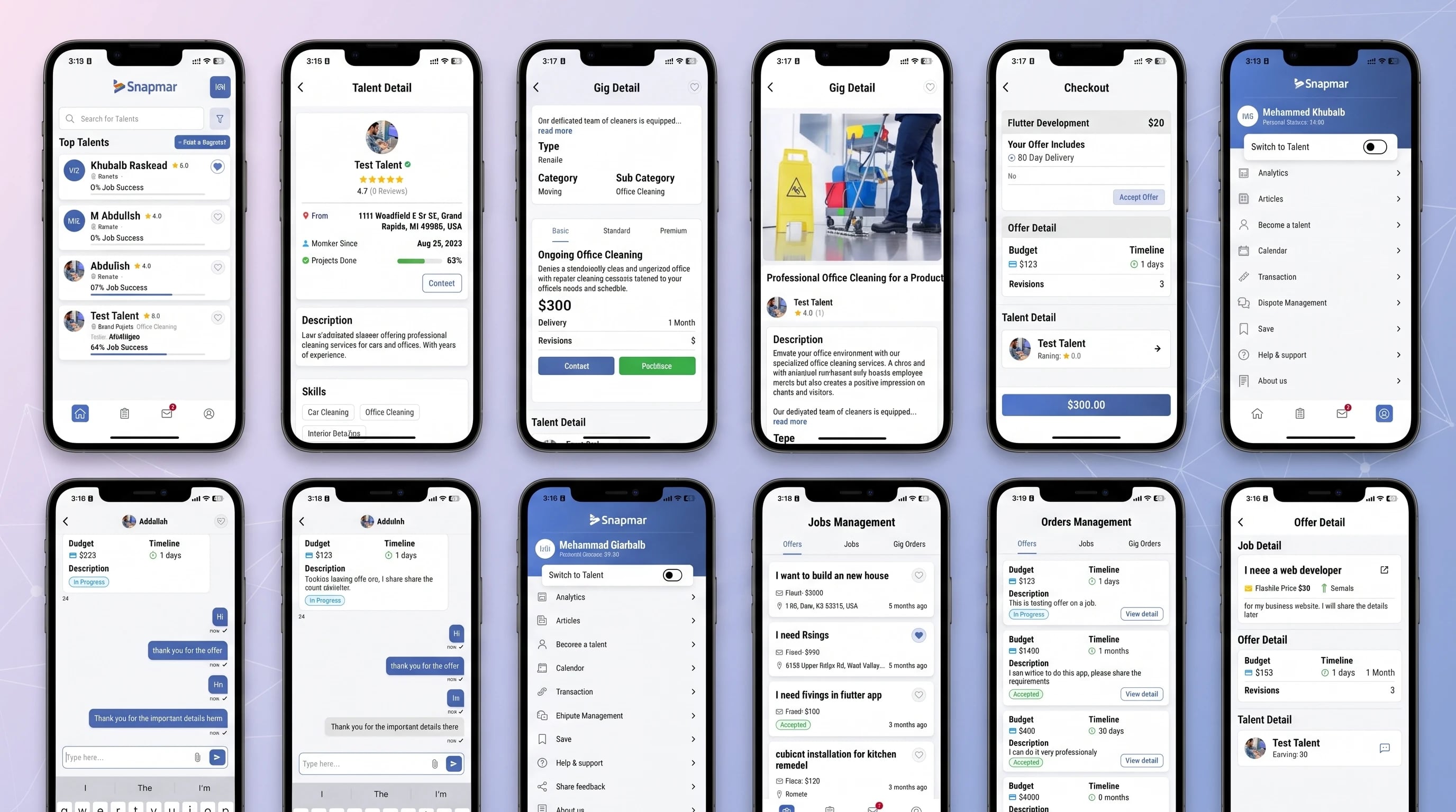Snapmar freelancing marketplace — talent search, gig detail, offer checkout, chat and job management screens