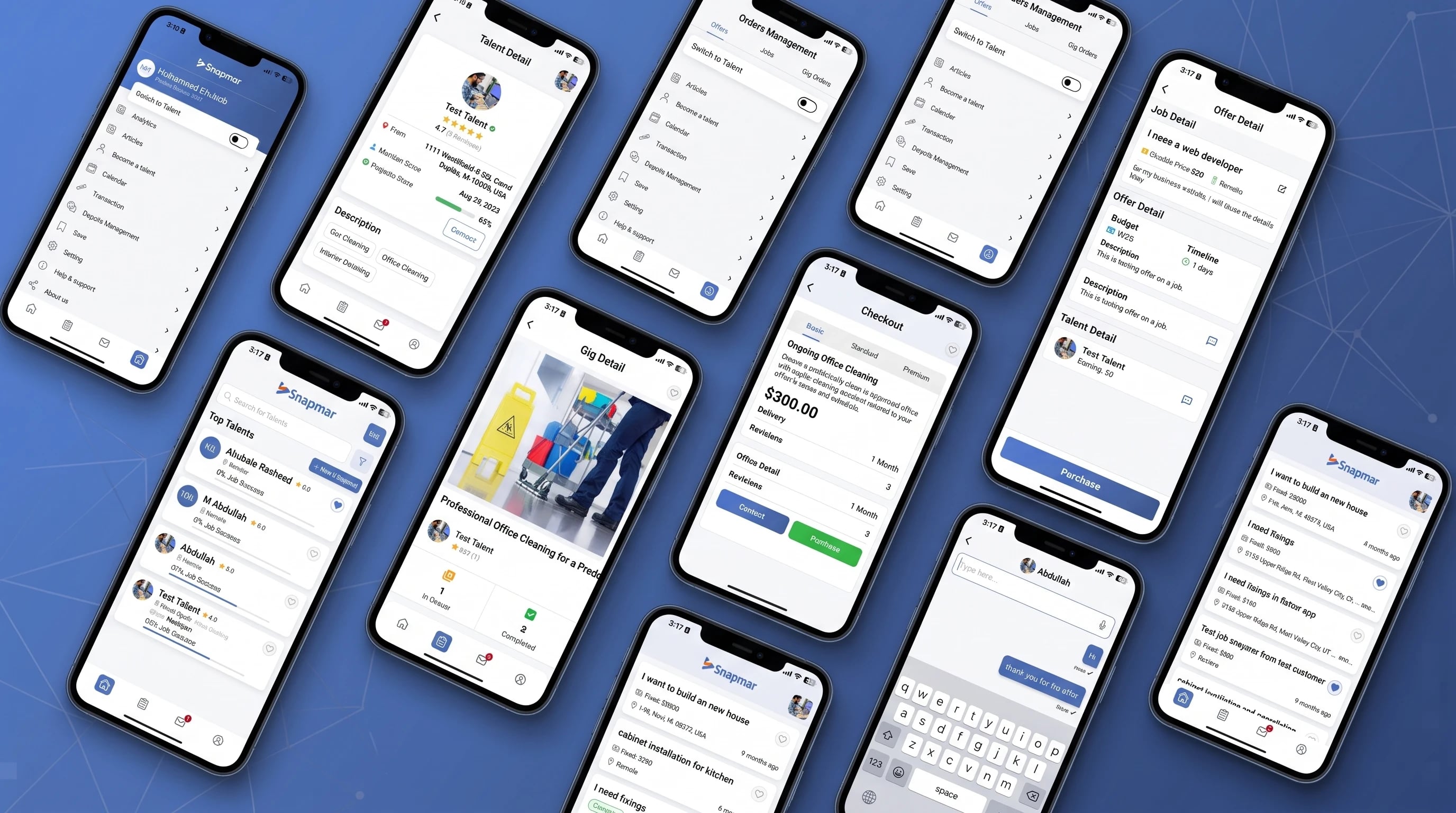 Snapmar web dashboard — job budgets, order status and gig order breakdowns