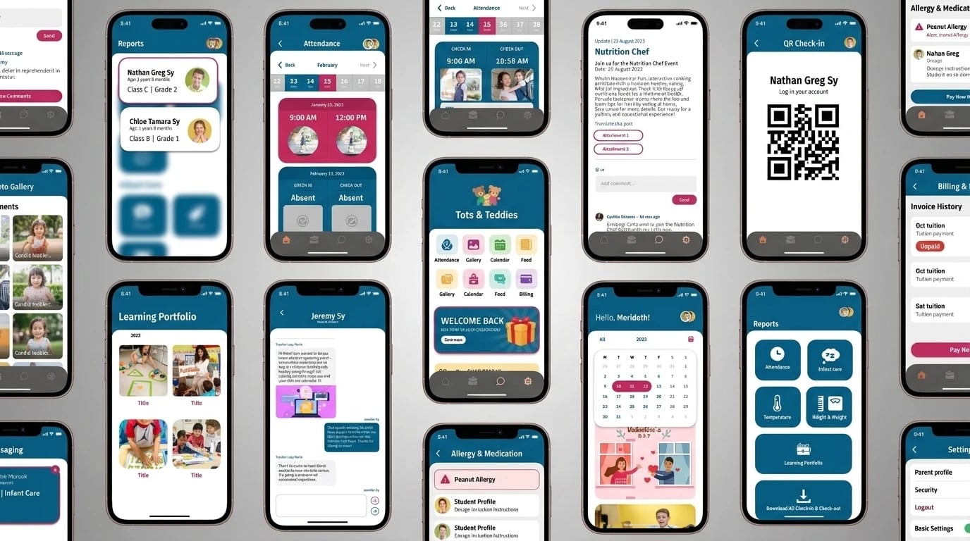 Tots & Teddies parents app screens — school information, reports, attendance, events, messaging, photo gallery, food menu, QR check-in, allergy and medication, billing and settings