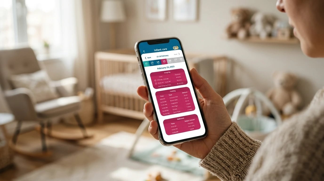 A parent holding a phone showing the Tots & Teddies infant care log — sleeping, feeding and bathroom entries for the day