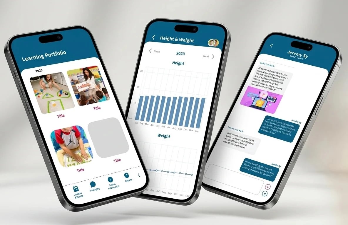 Tots & Teddies app — learning portfolio, a year of height and weight charts, and a message thread with the class teacher