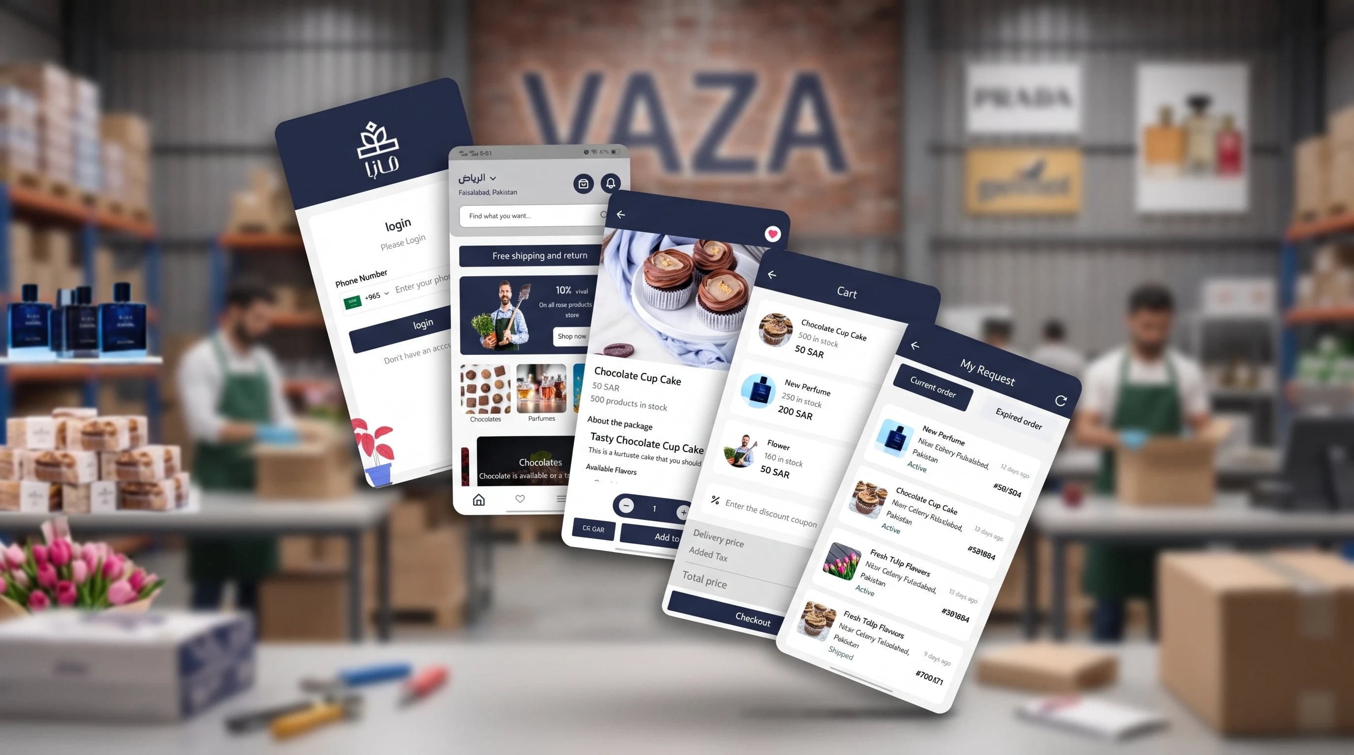 Vaza customer app — occasion browsing, product detail and order history