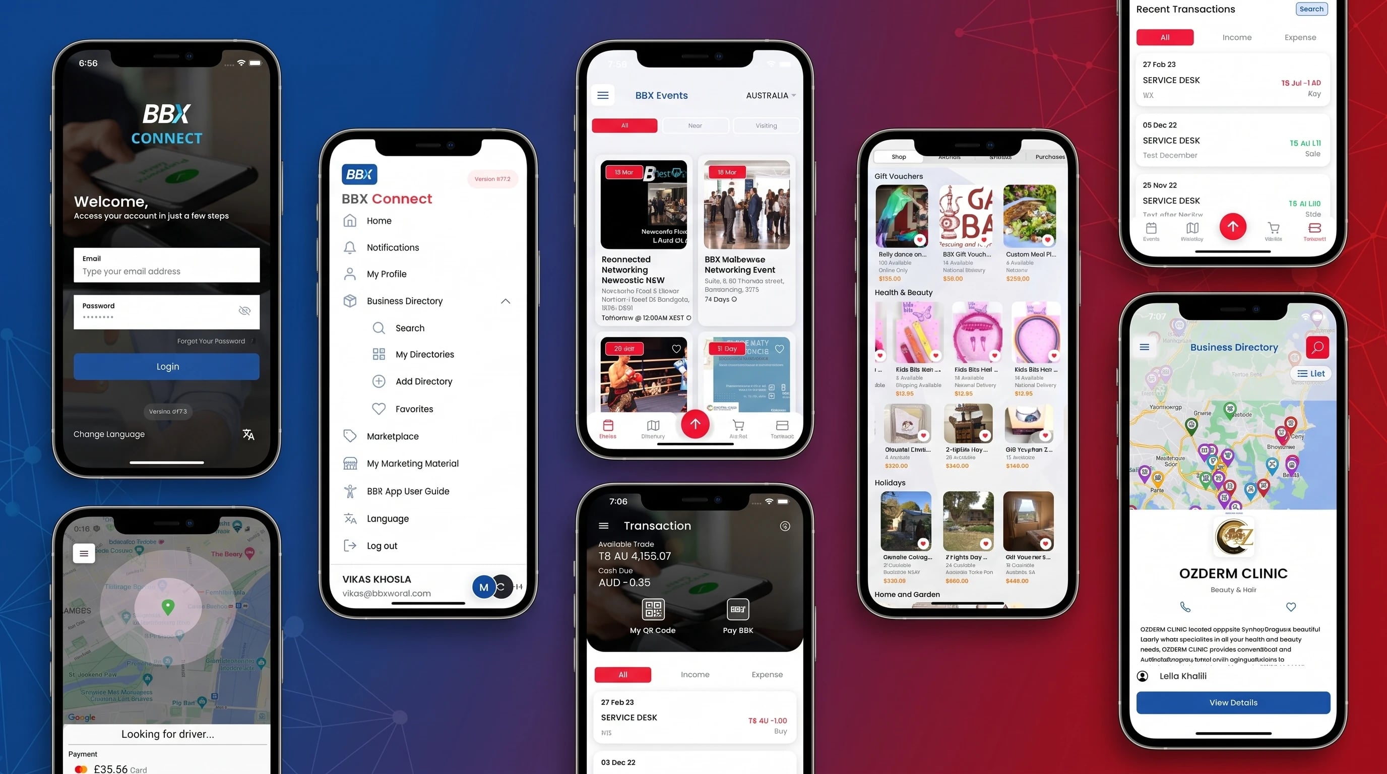 BBX Connect member app — business directory, marketplace, events, trade balance and QR payment screens