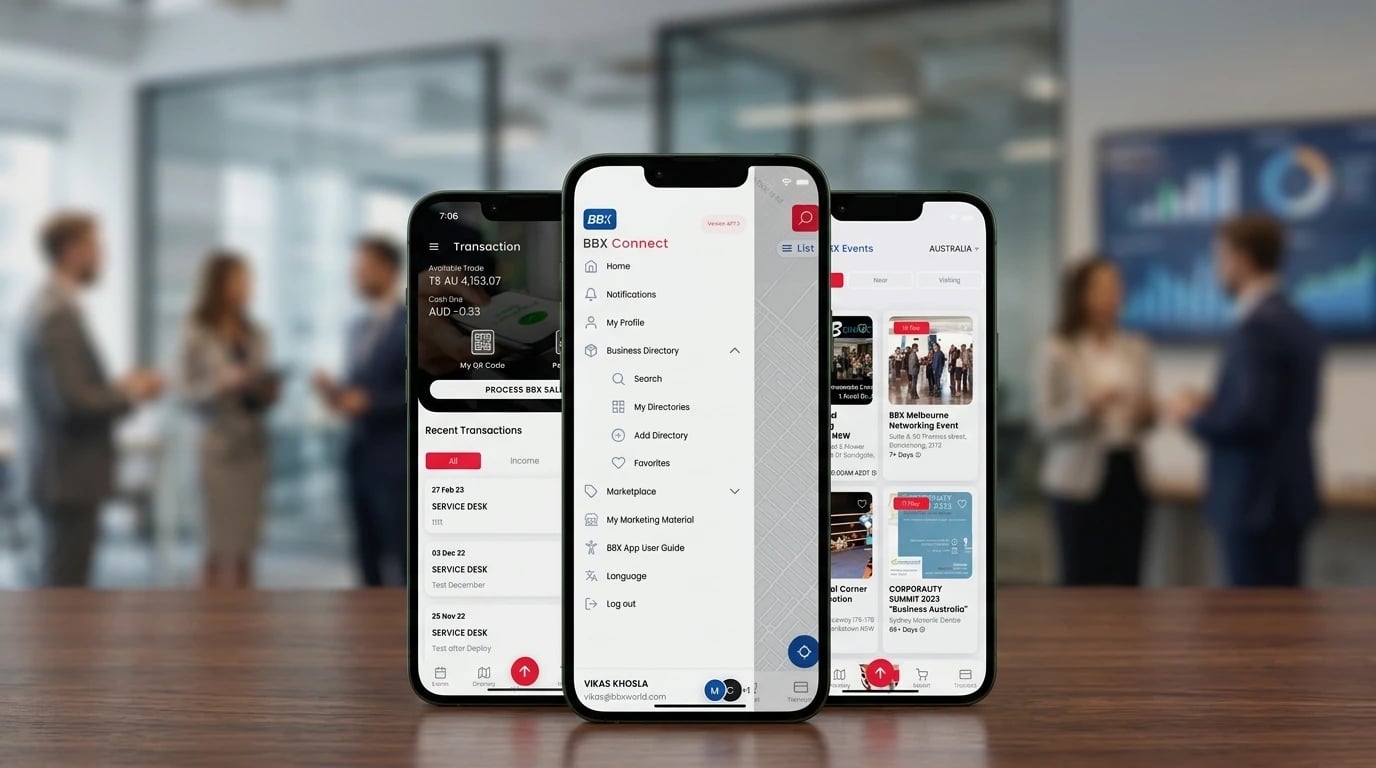 BBX Connect mobile platform — marketplace listings priced in trade dollars, with the country selector