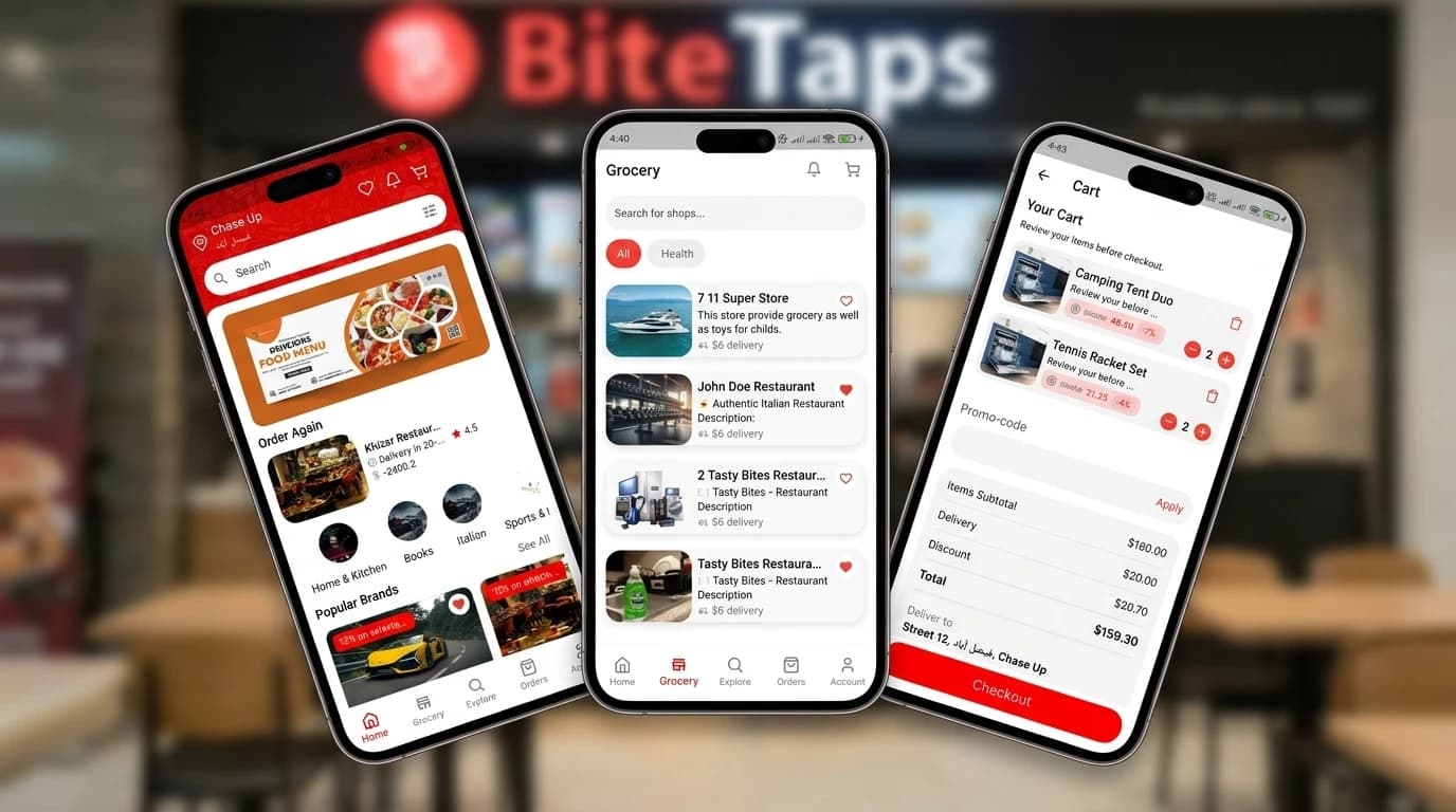 BiteTaps delivery platform — admin dashboard with order trend, revenue and delivery performance, beside the vendor mobile app