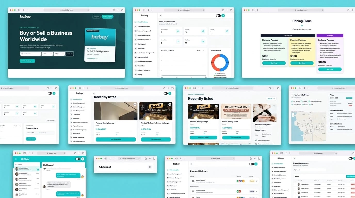 BizBay screens — the Buy or Sell a Business Worldwide home with search, the admin Stats & Analytics dashboard, Pricing Plans, Recently listed businesses with prices in BHD, a listing detail with a map and seller information, Chat Support, checkout, Payment Methods and Users Management