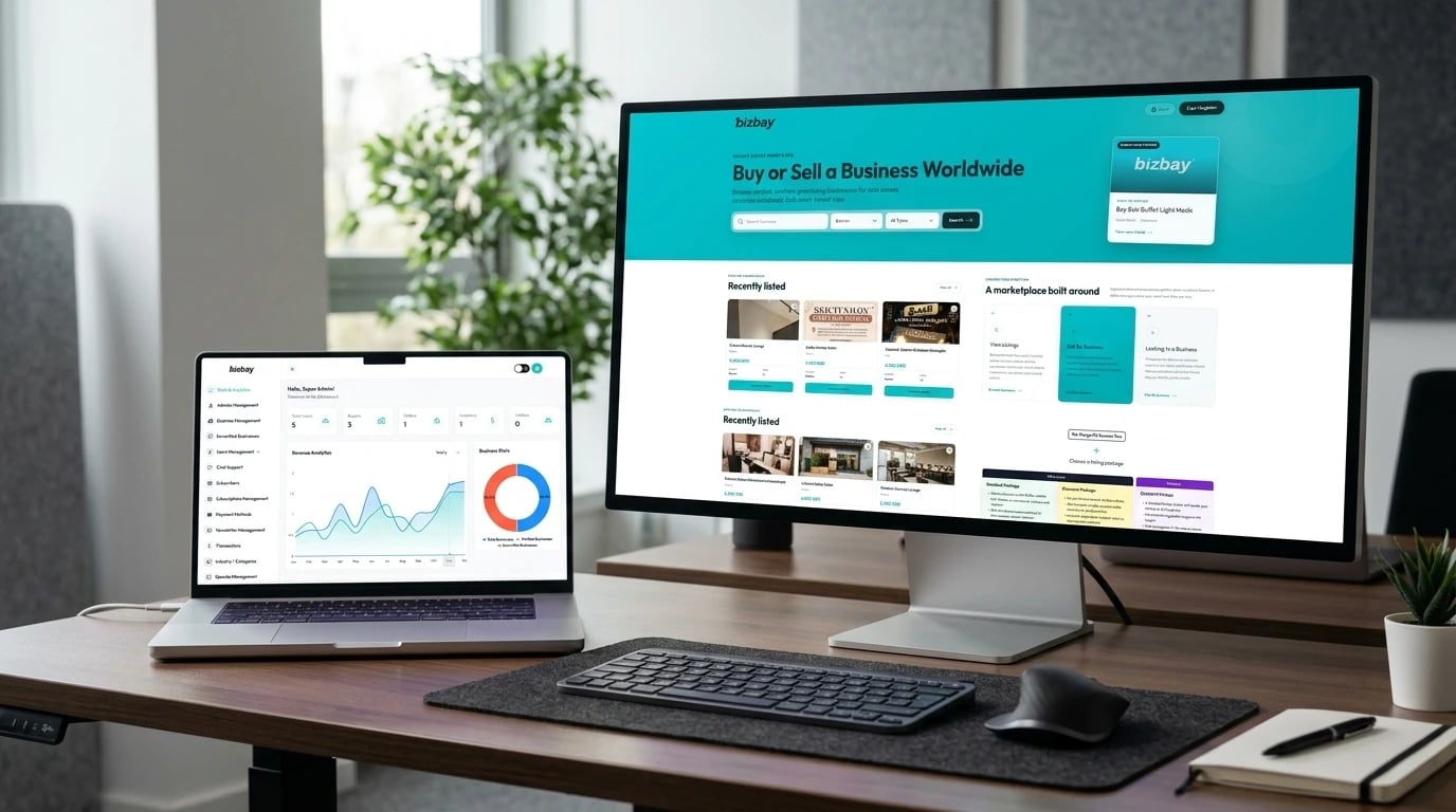 BizBay on a desk — the admin Stats & Analytics dashboard on a laptop beside the Buy or Sell a Business Worldwide website on a large monitor, with recently listed businesses and listing packages