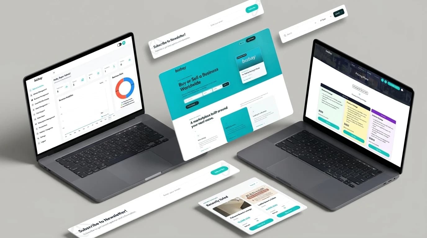 BizBay on two laptops with floating panels — the admin Stats & Analytics dashboard, the Buy or Sell a Business Worldwide home, Pricing Plans, Recently listed businesses and a newsletter sign-up