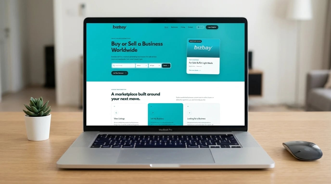 BizBay website on a MacBook — Buy or Sell a Business Worldwide with search by country and type, a featured listing, and View Listings, Sell My Business and Looking for a Business