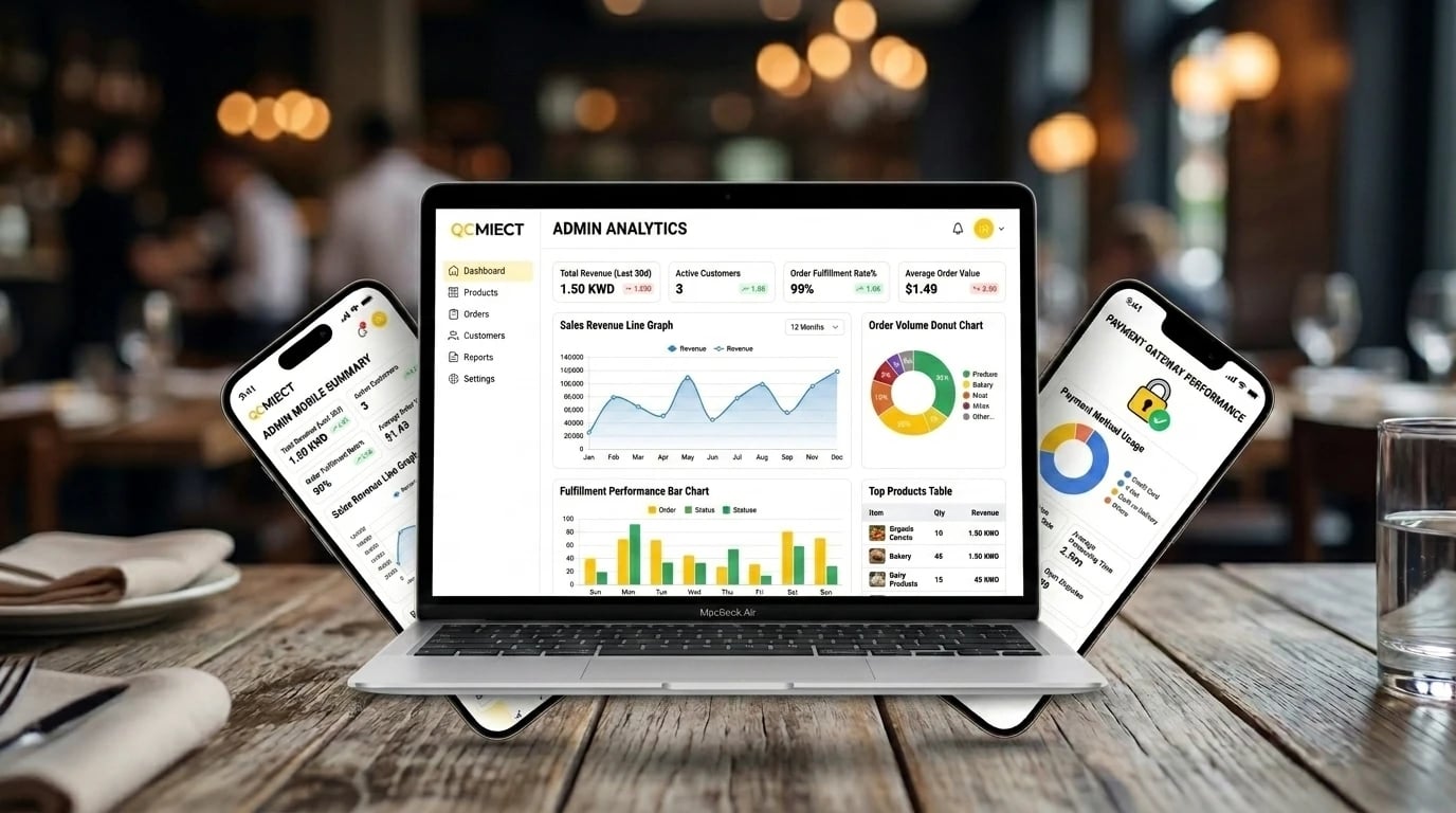 Connect admin dashboard on a laptop, showing the KYC review queue and commission configuration