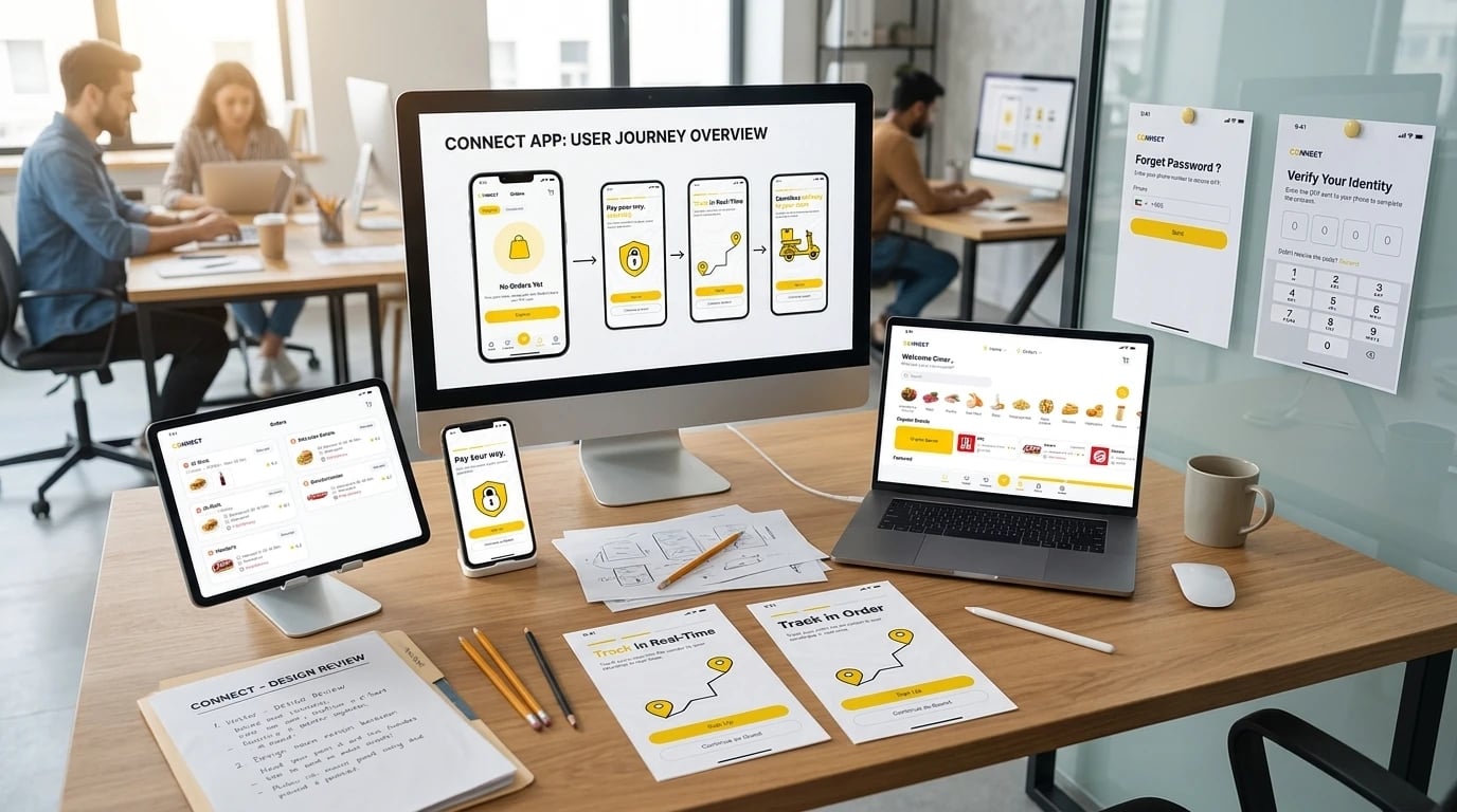 Connect delivery platform — admin dashboard with user activity and customer satisfaction reporting, beside the customer app tracking an order on a live map