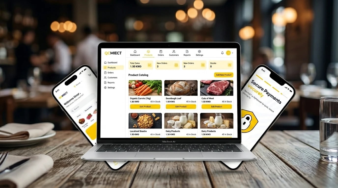 Connect vendor dashboard on a laptop, showing the product catalogue and order queue