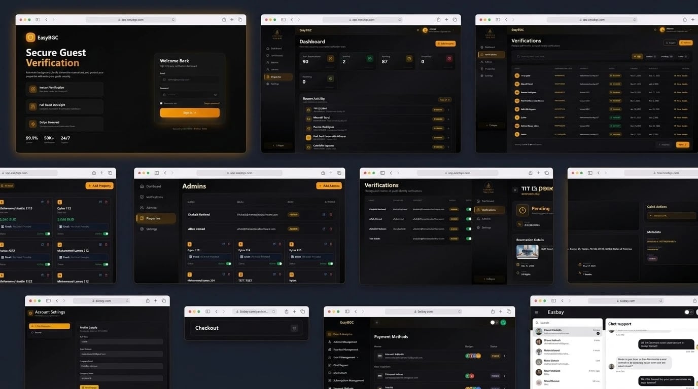 Easy BGC screens — the Secure Guest Verification sign-in, the dashboard with total, verified, pending and unverified reservations, the Verifications list with status filters, Properties with active toggles, Admins, a verification with its reservation details, and Account Settings
