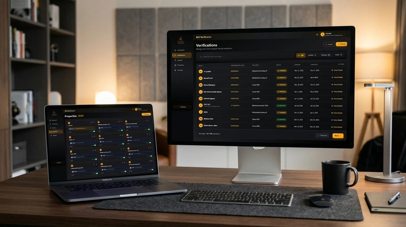 Easy BGC on a desk — the Verifications list with guests, confirmation codes, properties, statuses and dates on a monitor, and the Properties grid on a laptop
