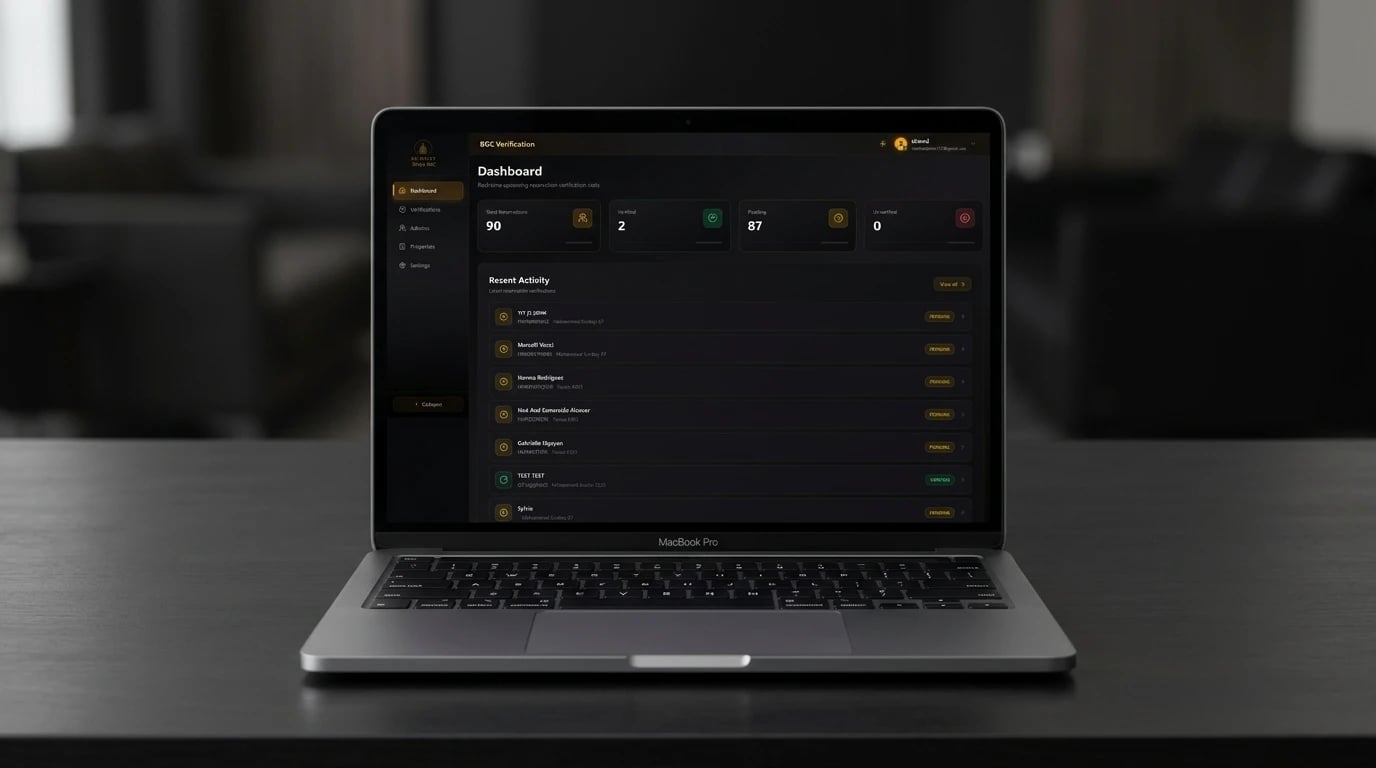 Easy BGC dashboard on a MacBook — total reservations, verified, pending and unverified counts, and recent verification activity