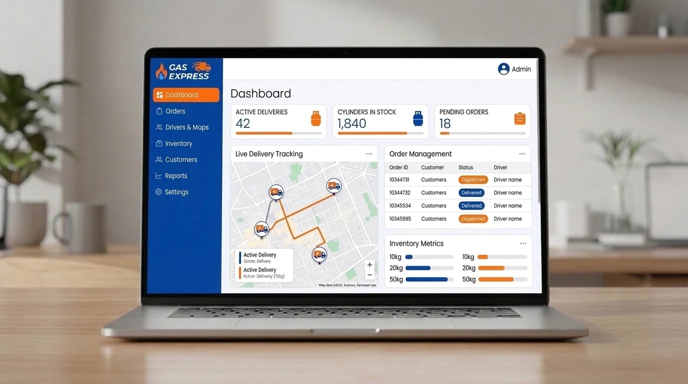 Gas Express admin dashboard on a laptop — active deliveries, cylinders in stock and pending orders, a live delivery tracking map, order management and inventory metrics by cylinder size