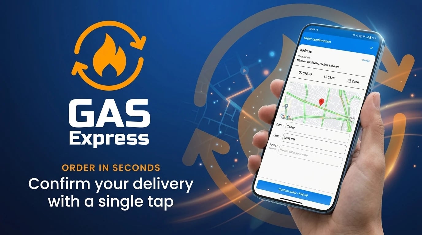 Gas Express — Order in seconds, confirm your delivery with a single tap: a phone showing order confirmation with the address in Hadath, Lebanon, a map, delivery date and time, and Confirm order