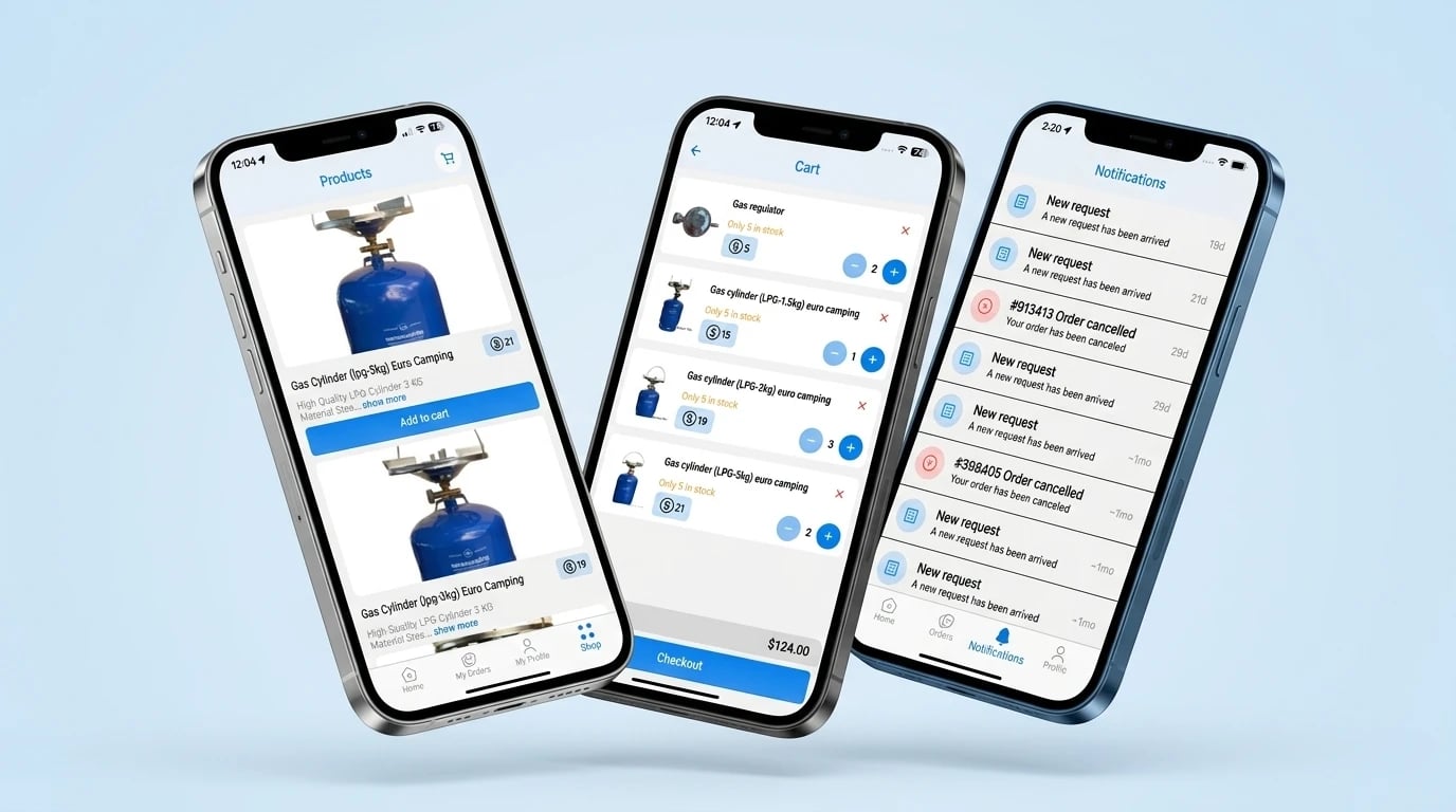 Gas Express customer app on three phones — the product catalogue with gas cylinders, the cart with stock warnings and checkout, and order notifications
