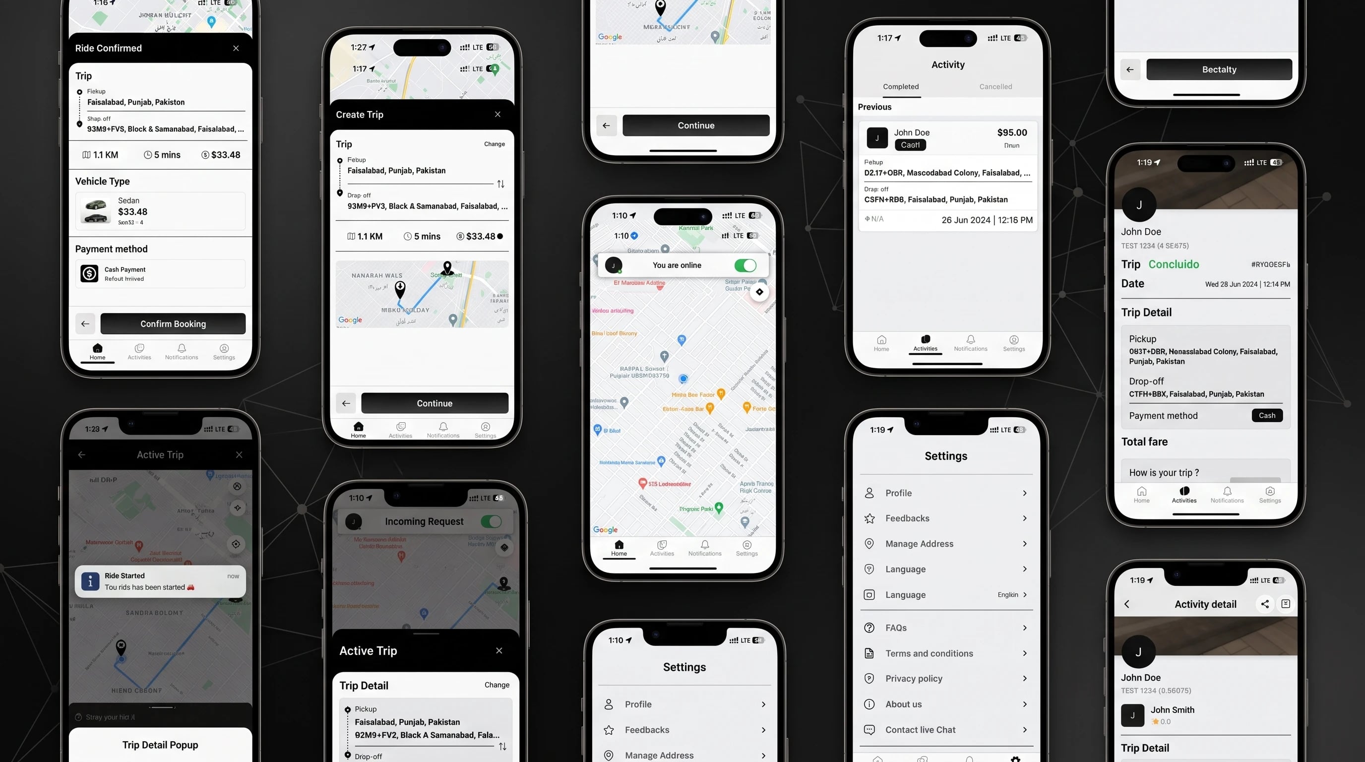 iTaxi MX ride-hailing platform showing passenger booking, driver navigation, and admin dashboard screens