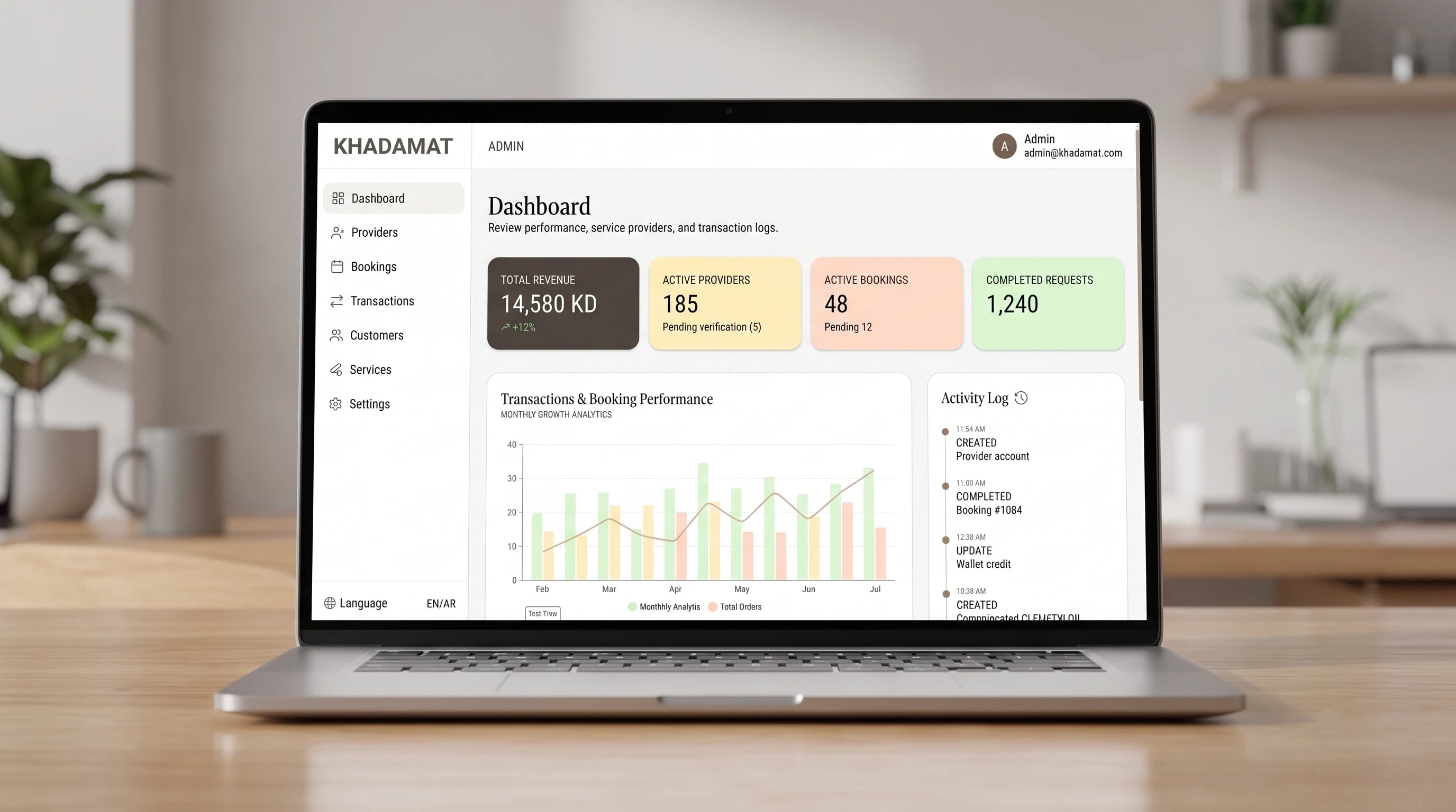 Khadamat admin dashboard on a laptop — revenue, active providers, bookings and completed requests, booking performance chart and activity log