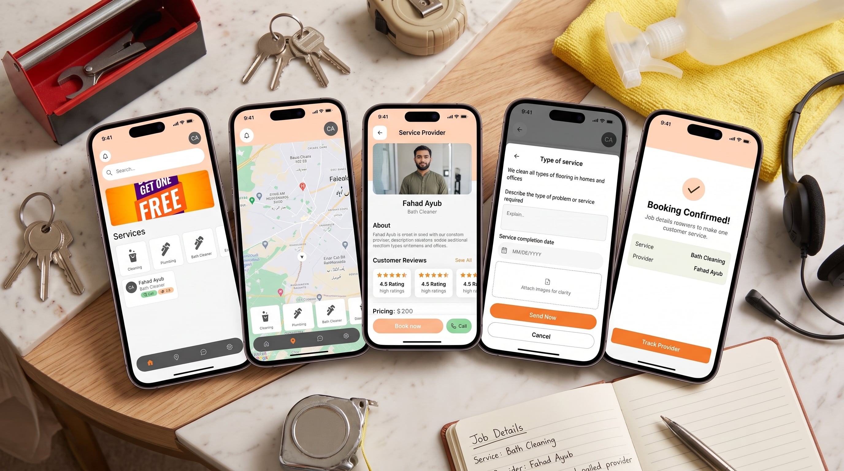 Khadamat app on five phones — home with service categories, map of nearby providers, provider profile with reviews, service request form and booking confirmation