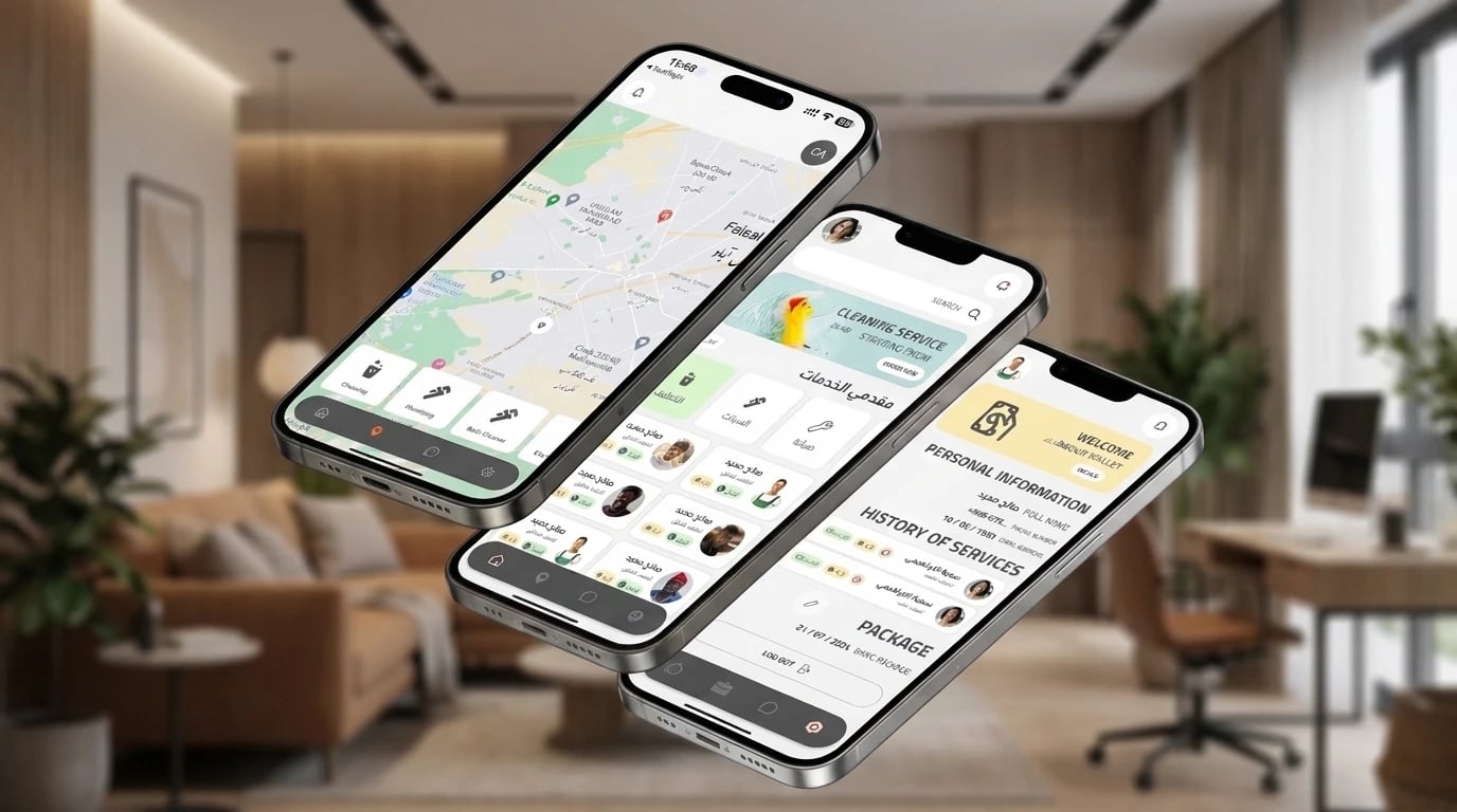 Khadamat app on three phones — map of nearby providers, Arabic provider listing by category, and the provider's wallet, personal information and service history