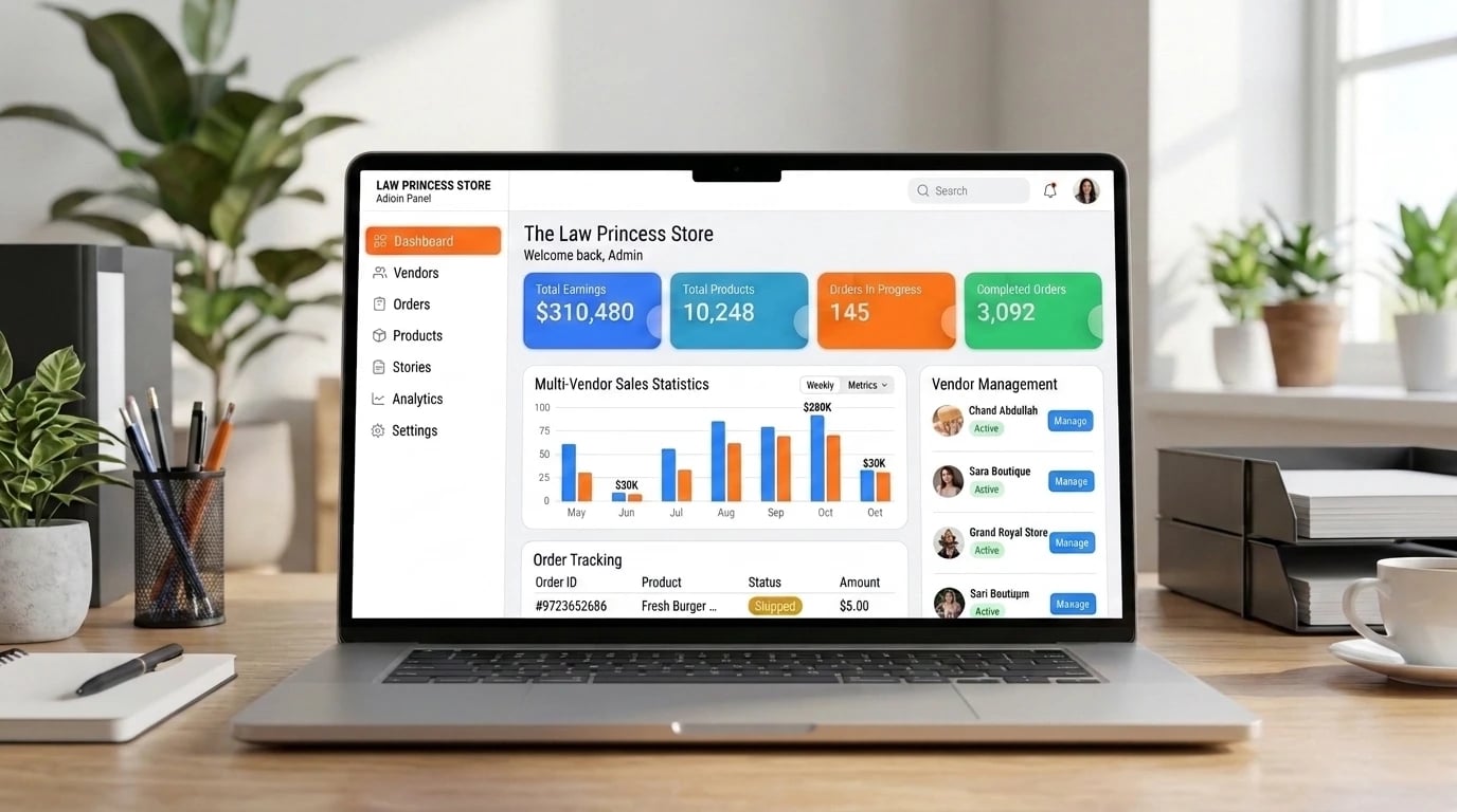 La Princess Store admin dashboard on a laptop — total earnings, total products, orders in progress and completed, a multi-vendor sales chart, vendor management and order tracking