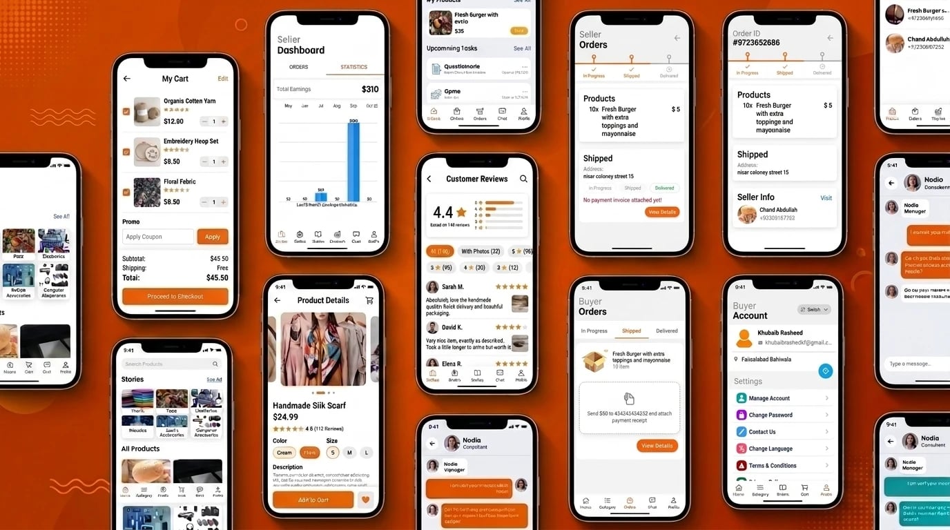 La Princess Store app screens — cart with a promo coupon, product details with colour and size, customer reviews, seller dashboard and earnings statistics, seller and buyer orders with shipping status, buyer account settings and chat with a seller