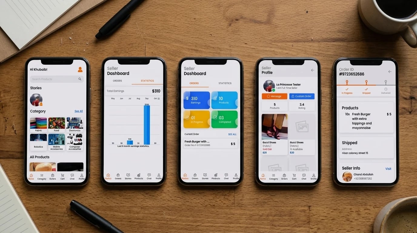 La Princess Store on five phones on a desk — the shopper home with categories, the seller's earnings statistics, the seller dashboard, a seller profile with products, and an order detail with its shipping tracker
